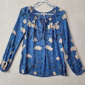 Lucky Brand Womens Top Size XS Raglan Sleeve Lightweight Tie Neck Floral Blue